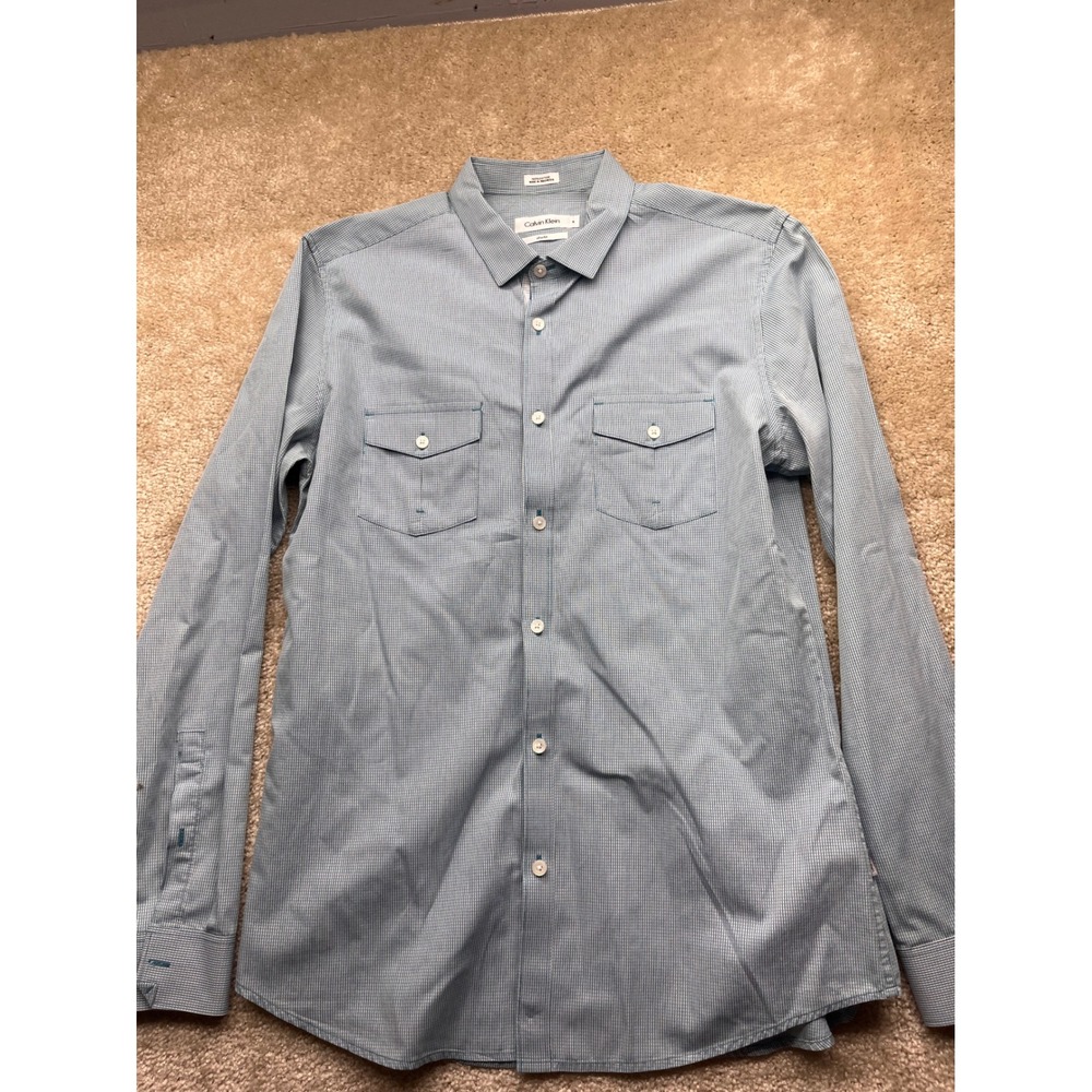 Calvin Klein Mens Slim Fit Button Down Shirt Teal White Micro Check Medium